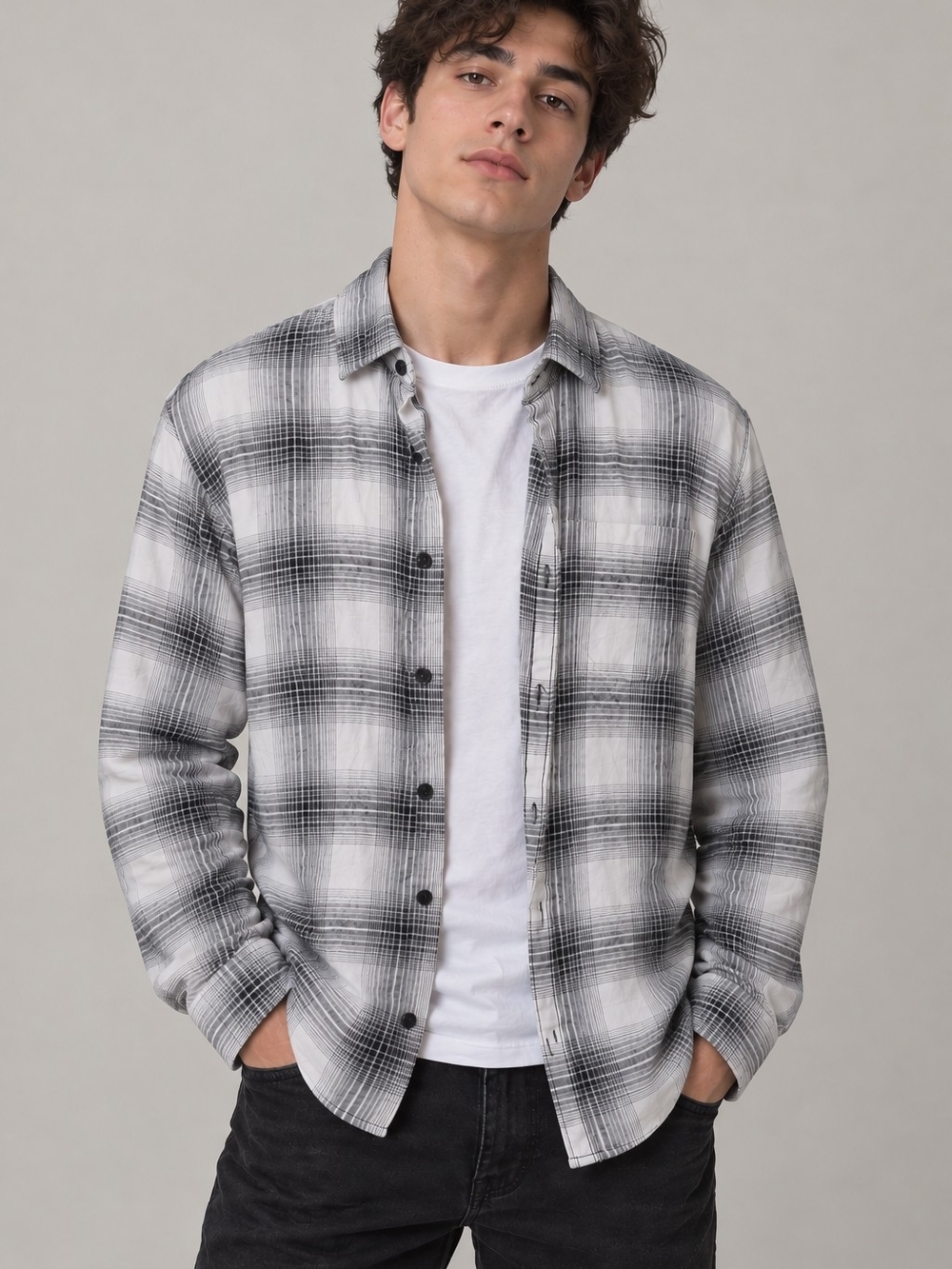 Forever 21 Men Plaid Button Down Shirt Size S Black White